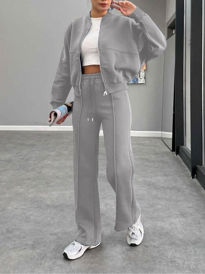 Women's thick knit zippered cardigan and straight pants set with patchwork detail, casual fall winter suit