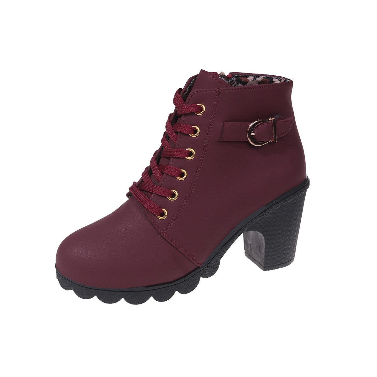 Women's black lace-up ankle boots with chunky heel and side zipper, versatile everyday fashion footwear