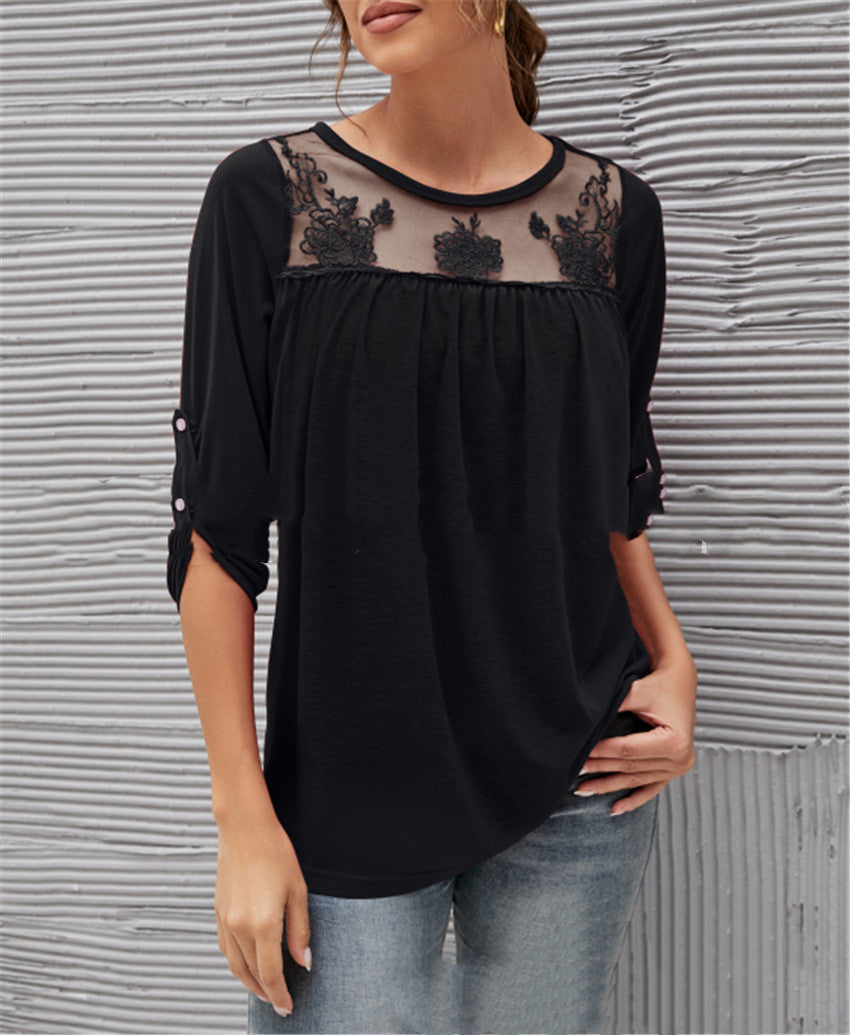 White women's lace blouse with pleated details, elegant feminine silhouette for brunch and office