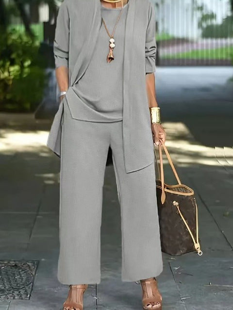 Women's beige sleeveless top, long jacket & wide-leg pantsuit set elegant capsule coordinated look