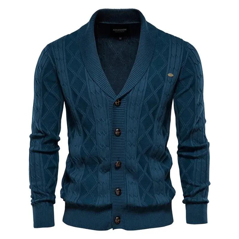 Soft textured knit diamond pattern shawl collar cardigan in classic heritage style for professionals