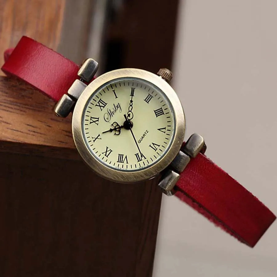 Evelyn vintage quartz watch stainless steel case brown leather strap retro Roman numeral dial