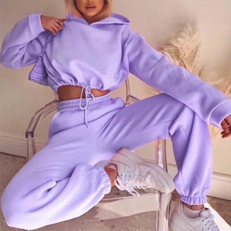 Women's two-piece jogging tracksuit cropped hoodie matching joggers elastic waistband streetwear style