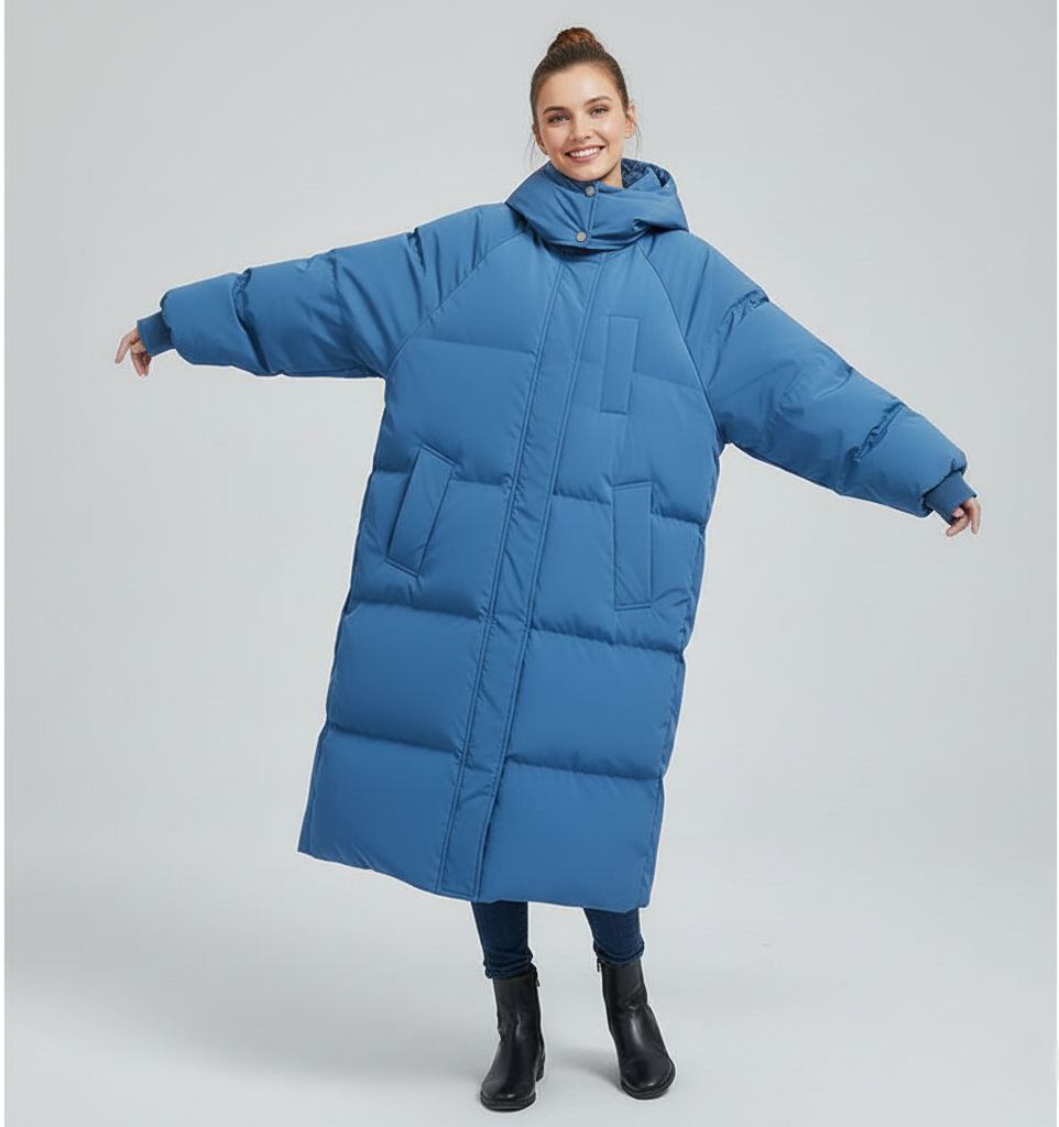 Women's oversized long quilted puffer trench coat with hood, insulated winter warmth silhouette