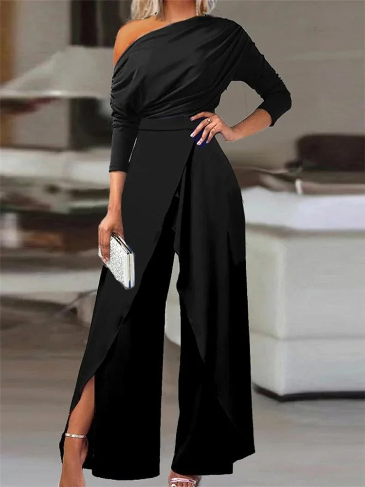 Women's one-shoulder draped wide-leg jumpsuit full-length formal evening wear elegant silhouette
