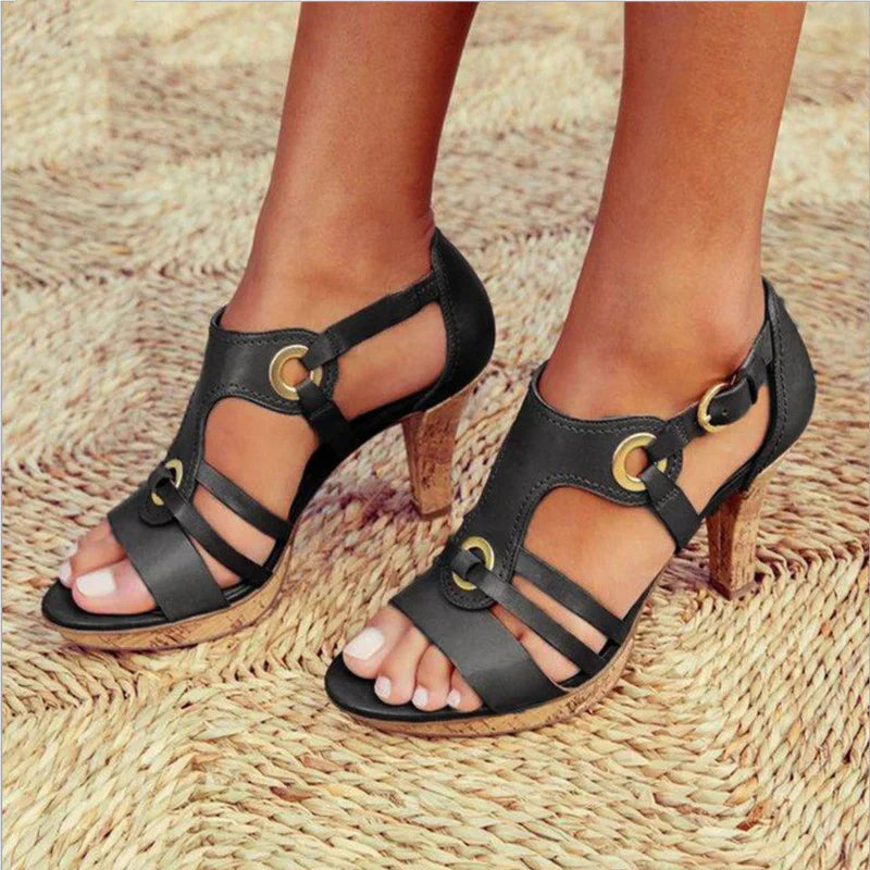 Women's faux leather open-toe heeled sandals with cork-wrapped heel and adjustable ankle strap