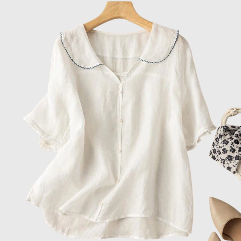 Charlotte women's white button-down collared blouse sleek refined silhouette structured placket