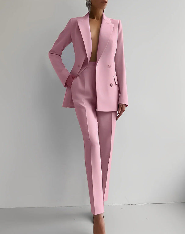 Women's solid color single-breasted blazer and high-waist pants set tailored professional casual look