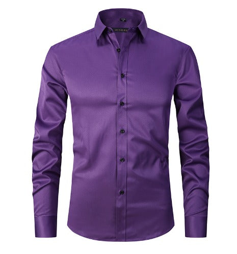 Men's slim-fit stretch dress shirt in classic blue, wrinkle-resistant fabric for all-day professional comfort
