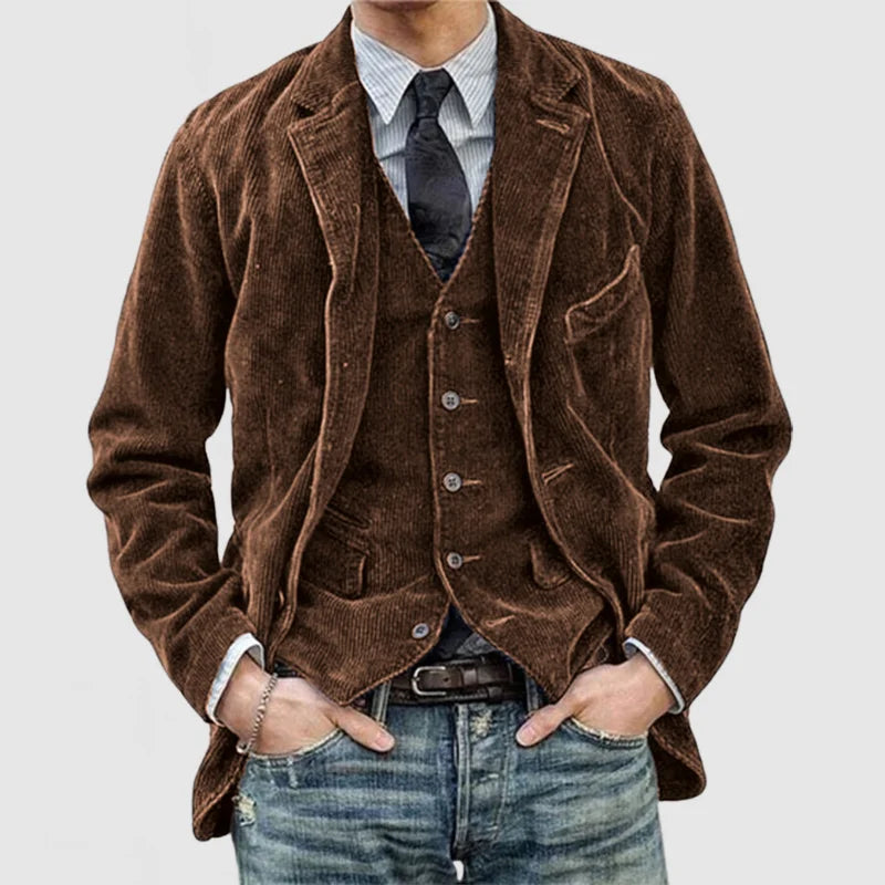Men's navy blue jacket with integrated vest, slim-cut polished style and layered warmth detail