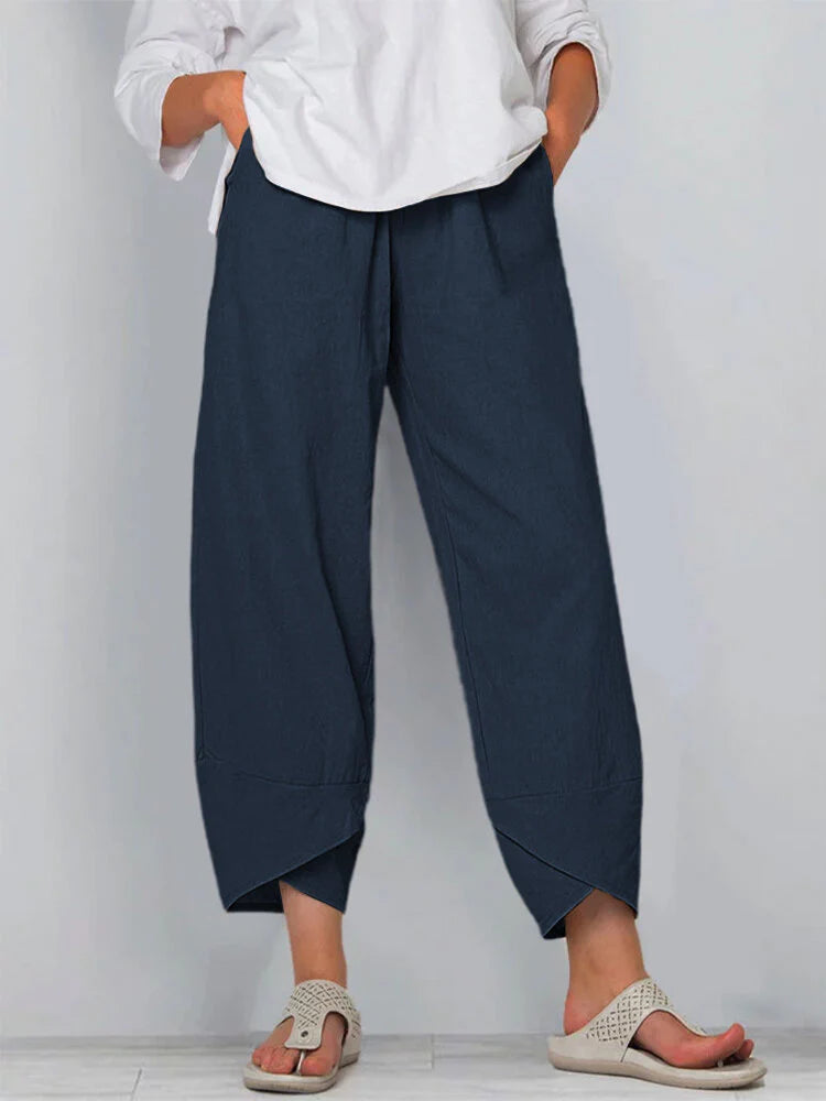 Women's cotton linen ankle pants relaxed fit elastic waist with angled pockets casual solid color