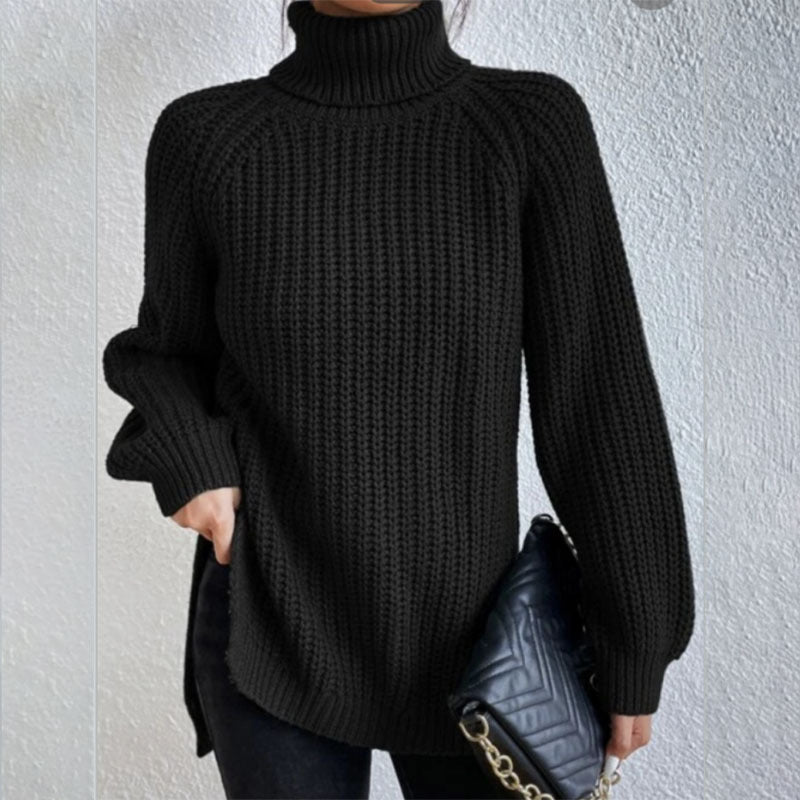 Chunky acrylic knit turtleneck sweater gender-neutral classic silhouette with high rolled neckline