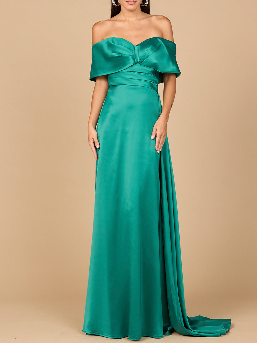 Long satin mermaid evening gown off-shoulder sweetheart neckline with front slit elegant formal dress