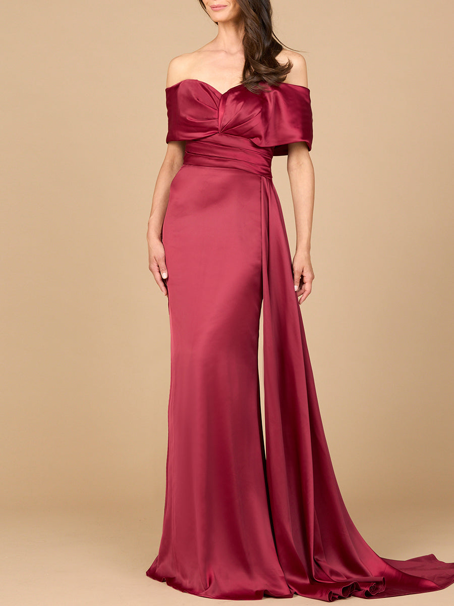 Long satin mermaid evening gown off-shoulder sweetheart neckline with front slit elegant formal dress