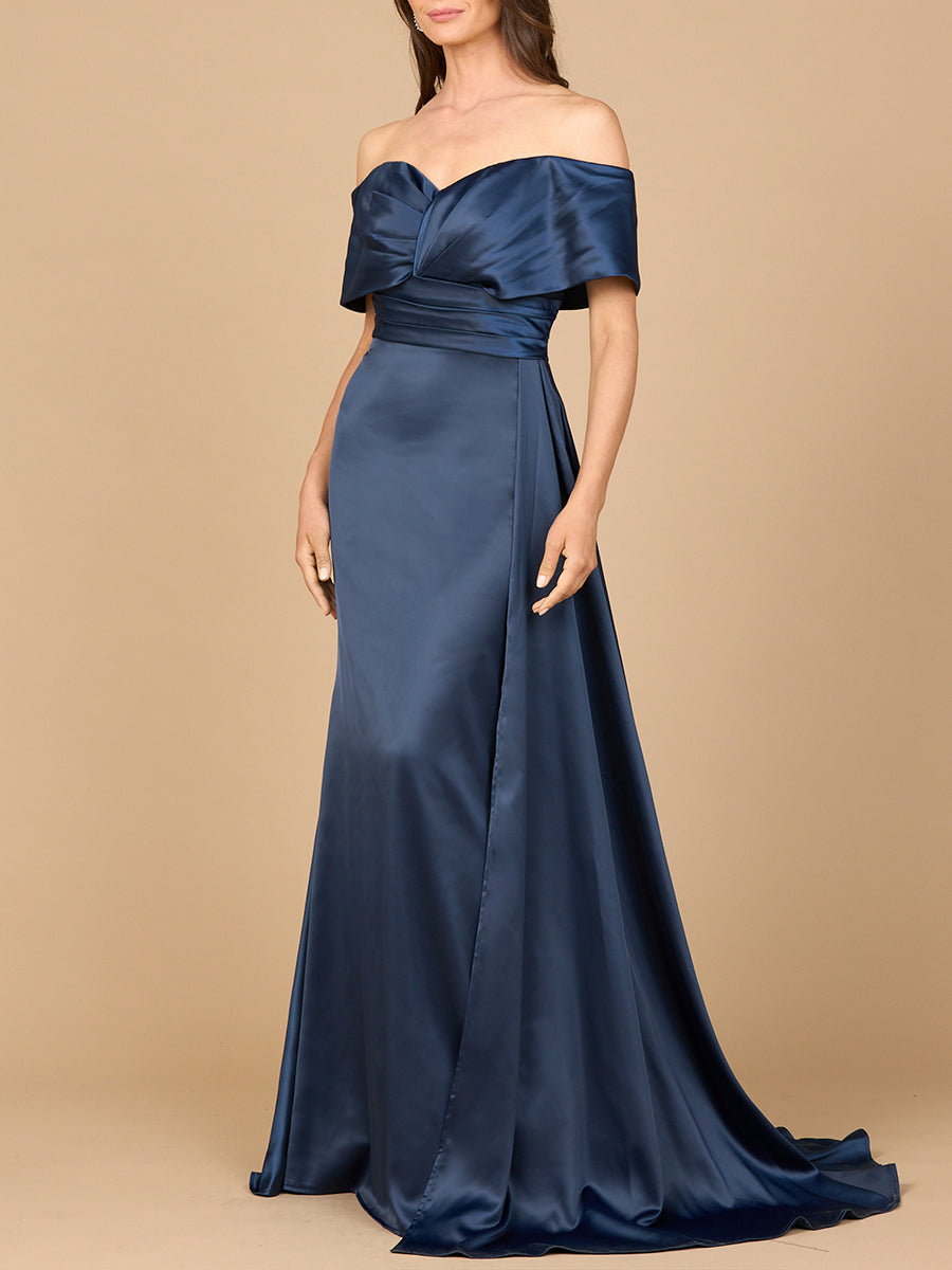 Long satin mermaid evening gown off-shoulder sweetheart neckline with front slit elegant formal dress