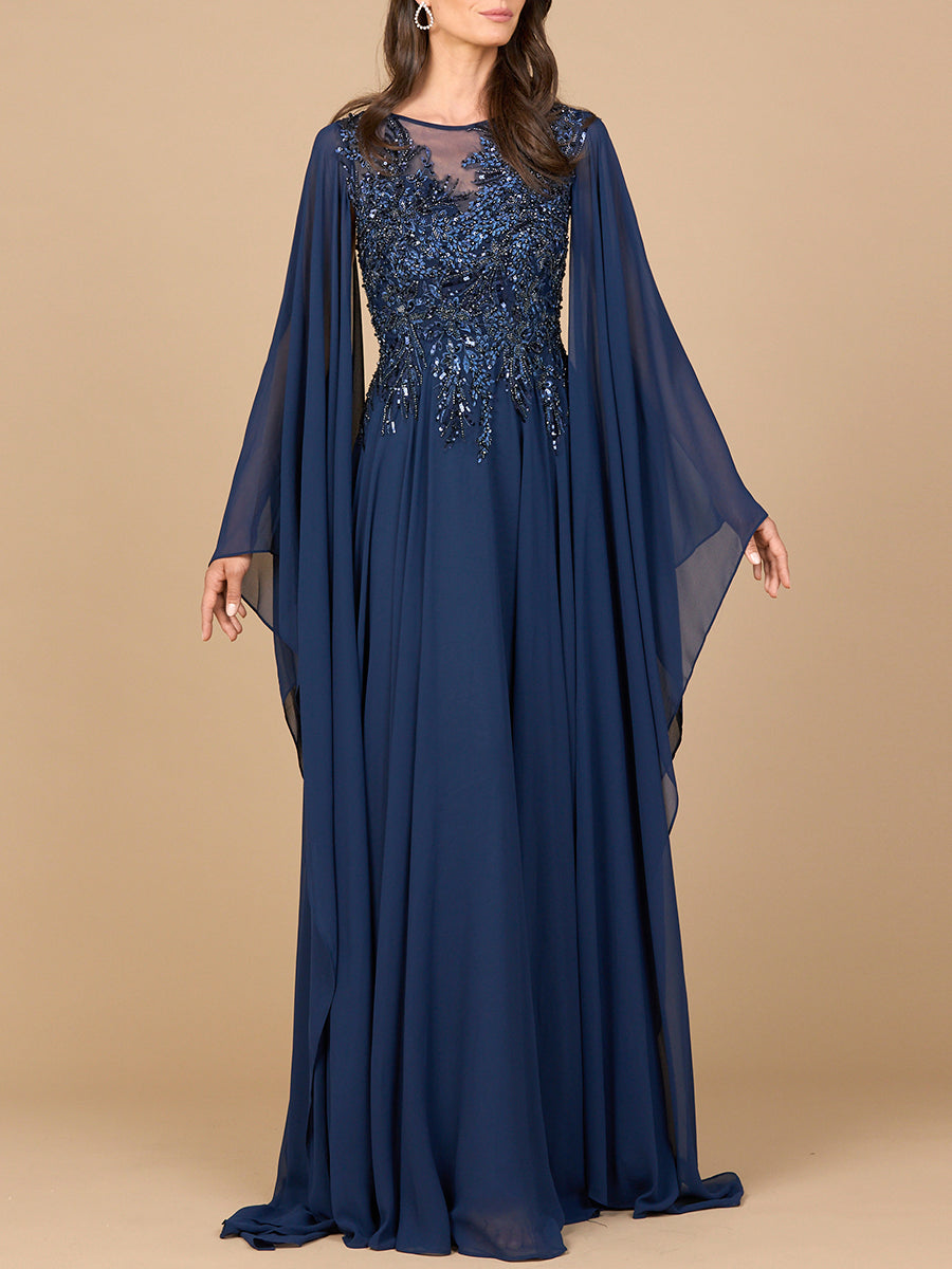 Elegant beige chiffon cape sleeve gown with beaded bodice and high neckline for mother of the bride