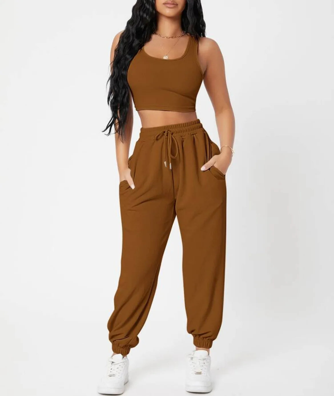 Women's ultra-soft crop top and high-rise joggers lounge set in matching two-piece silhouette