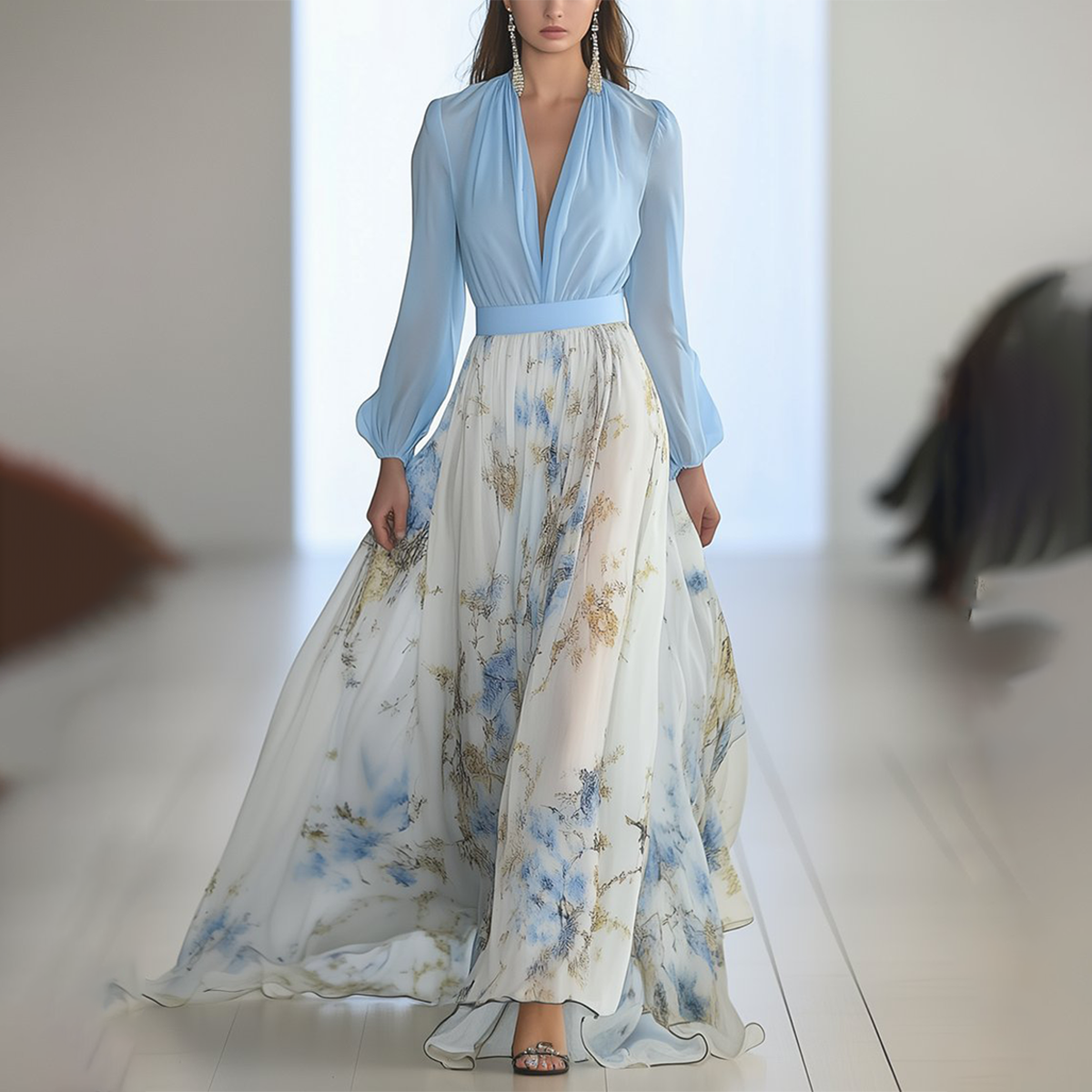 Romantic wrap neckline midi dress with long sleeves, flared patterned skirt for elegant occasions
