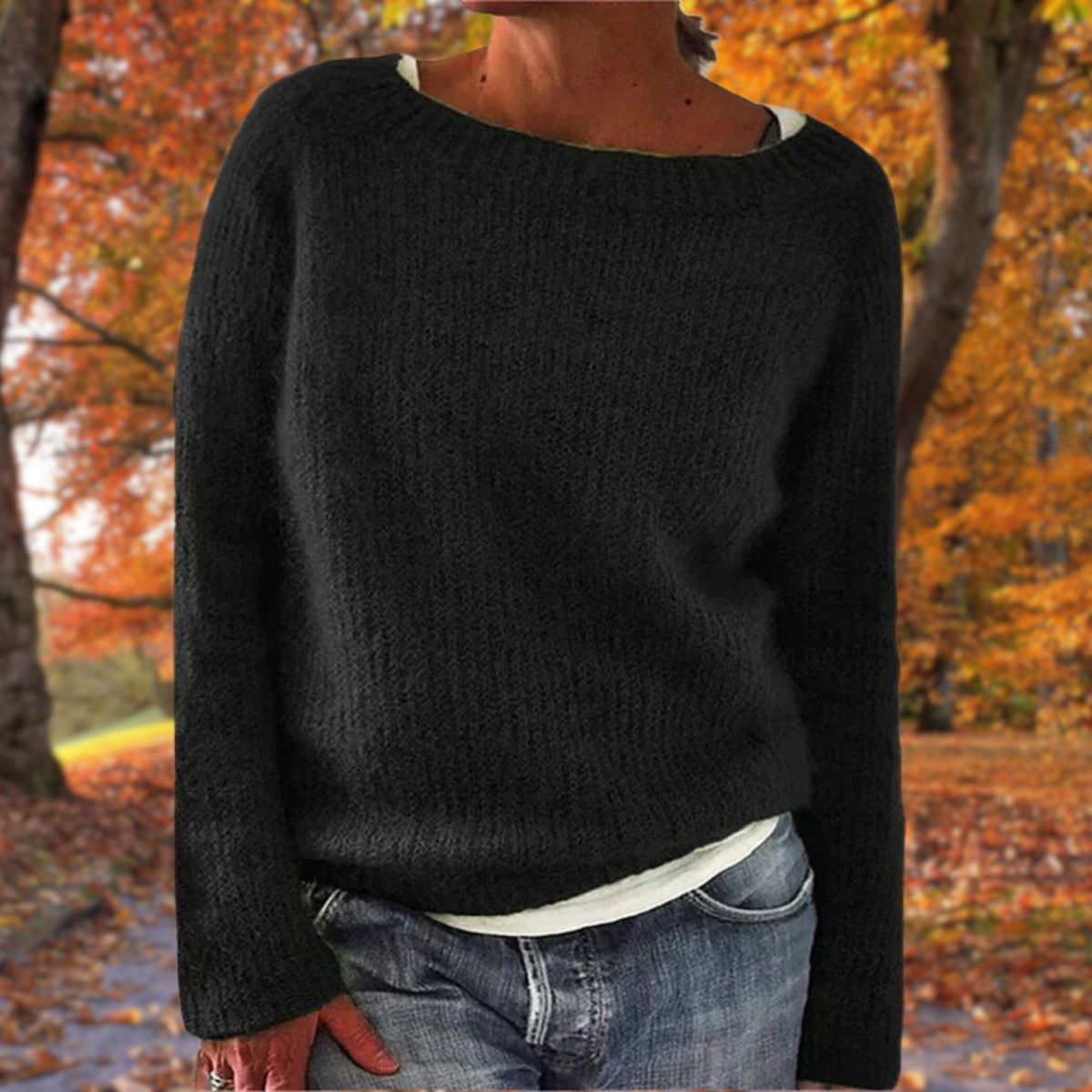 Women's textured knit relaxed fit sweater in neutral tone, cozy layered everyday style