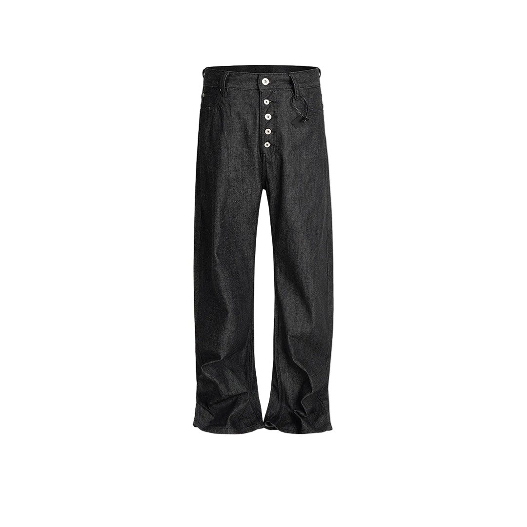 Raw cotton denim jeans natural blue relaxed fit exposed white button fly tonal stitching minimalist style