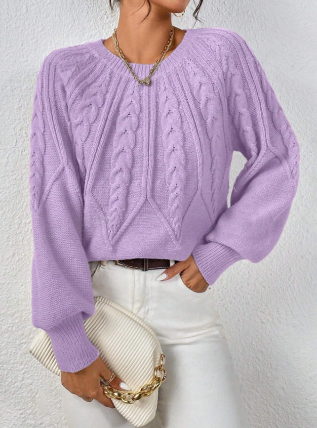 Women's cream cable knit cropped sweater with balloon sleeves and elongating silhouette mid-weight