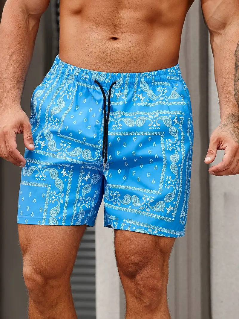 Men's bandana print swim shorts relaxed mid-thigh fit quick-dry beach pool casual style