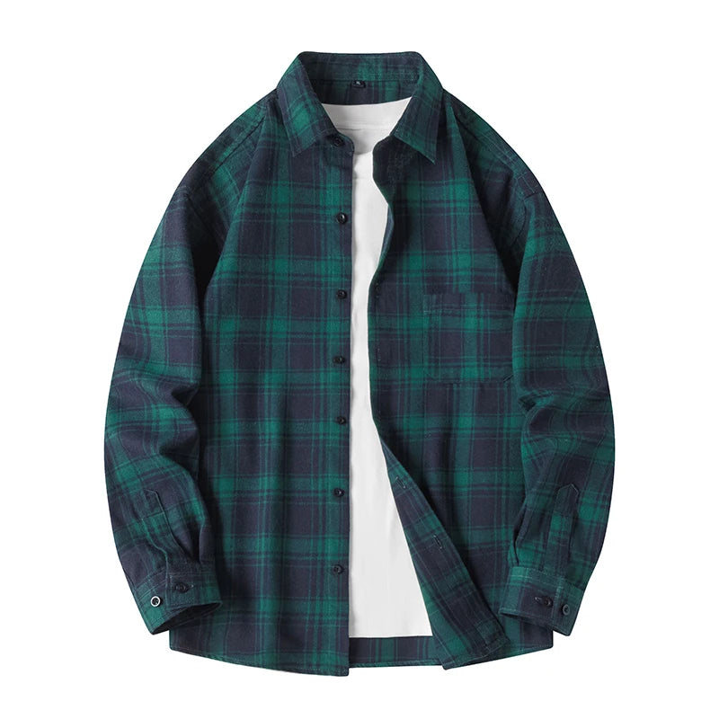Men's relaxed-fit plaid flannel shirt in classic fall tones, soft cotton blend for effortless layering