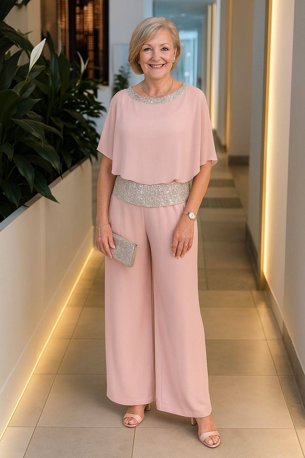 Women's ivory flowing trousers and blouse chic set with elegant drape, versatile formal-casual wear