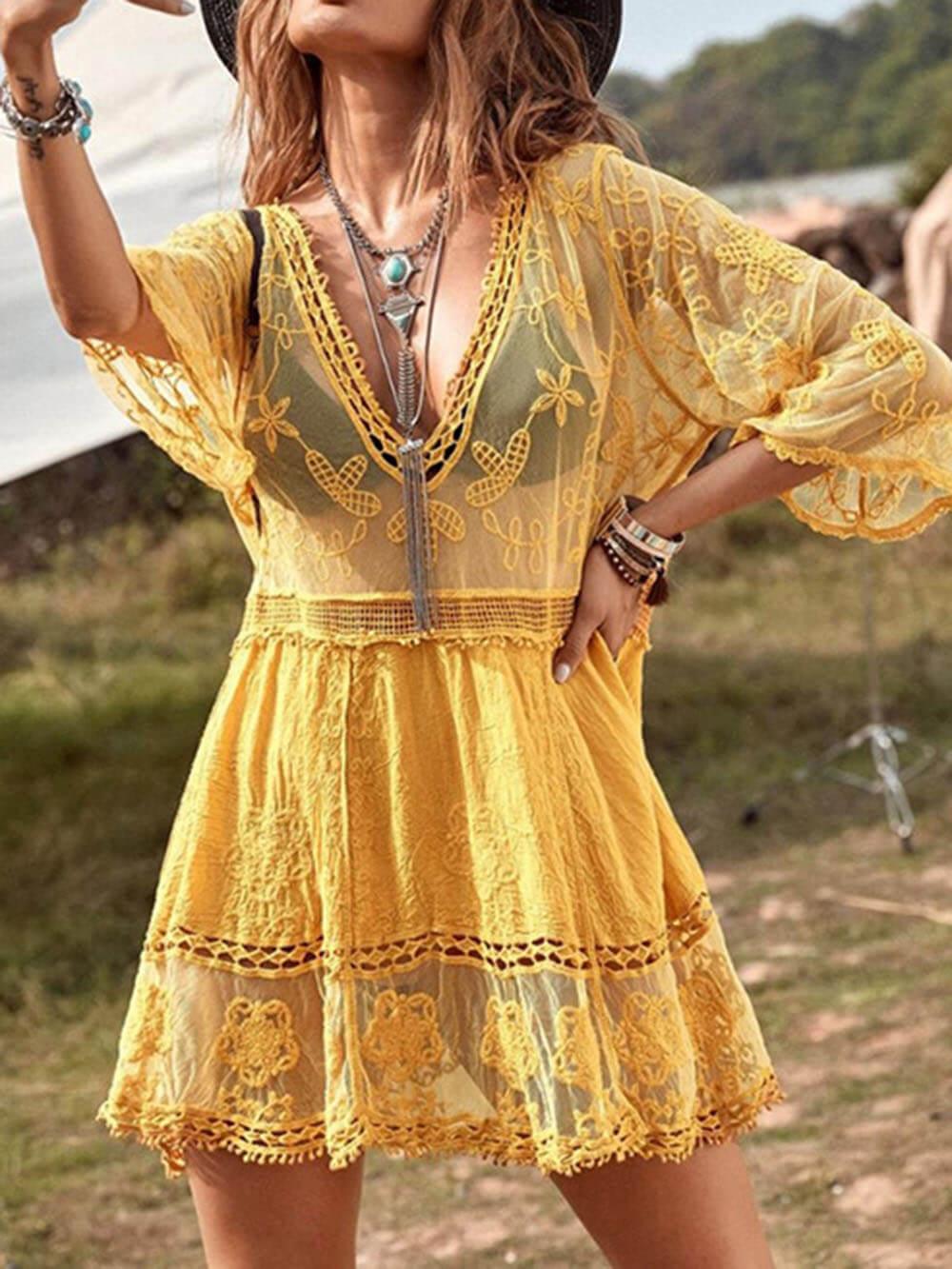 White lace loose-fit sheer beach cover-up dress lightweight vacation bikini overlay