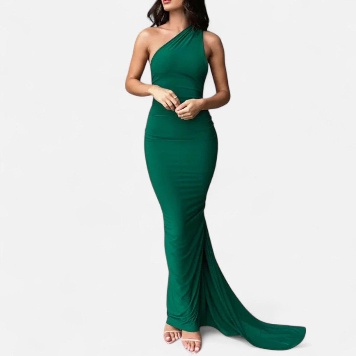 Black scarf-tier evening maxi dress with figure-flattering form-fitting cut for glamorous nights
