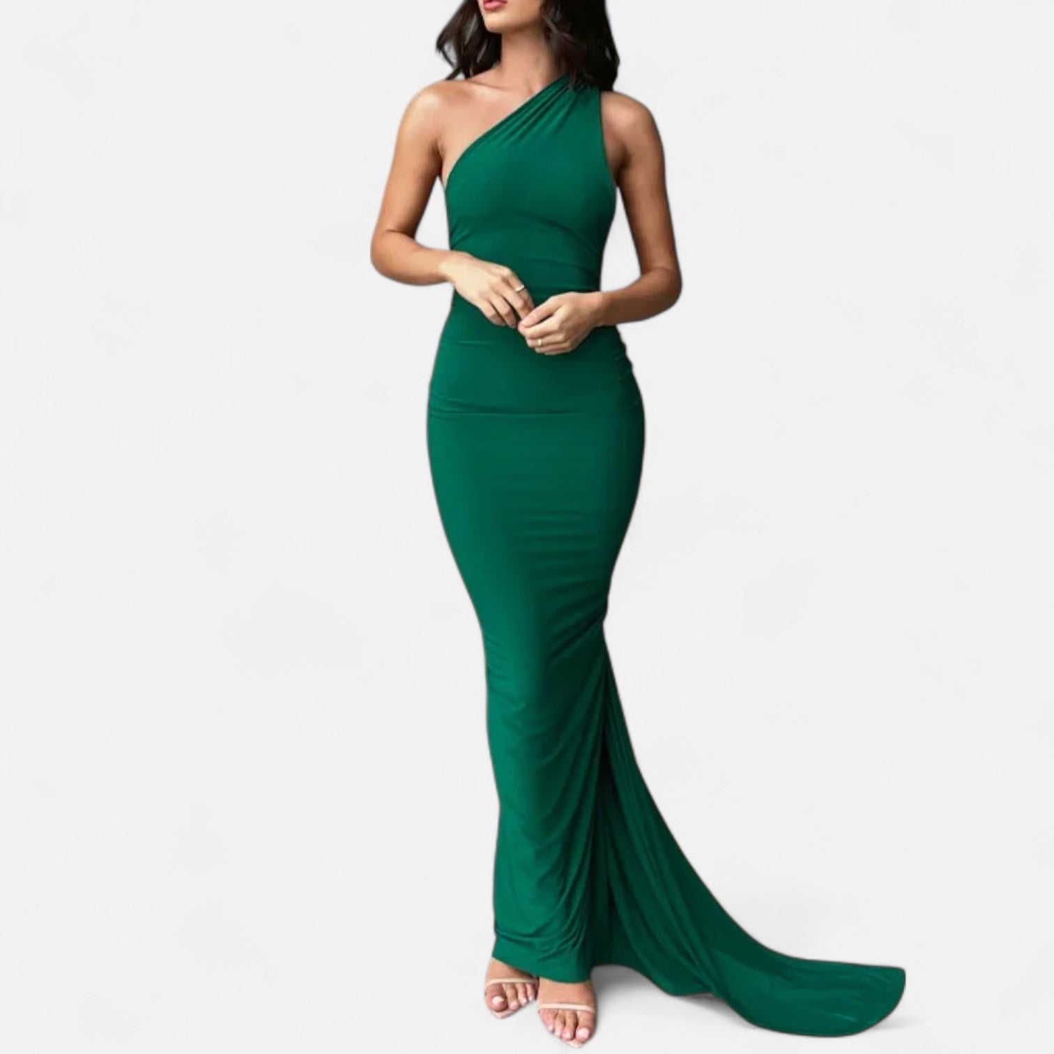 Black scarf-tier evening maxi dress with figure-flattering form-fitting cut for glamorous nights