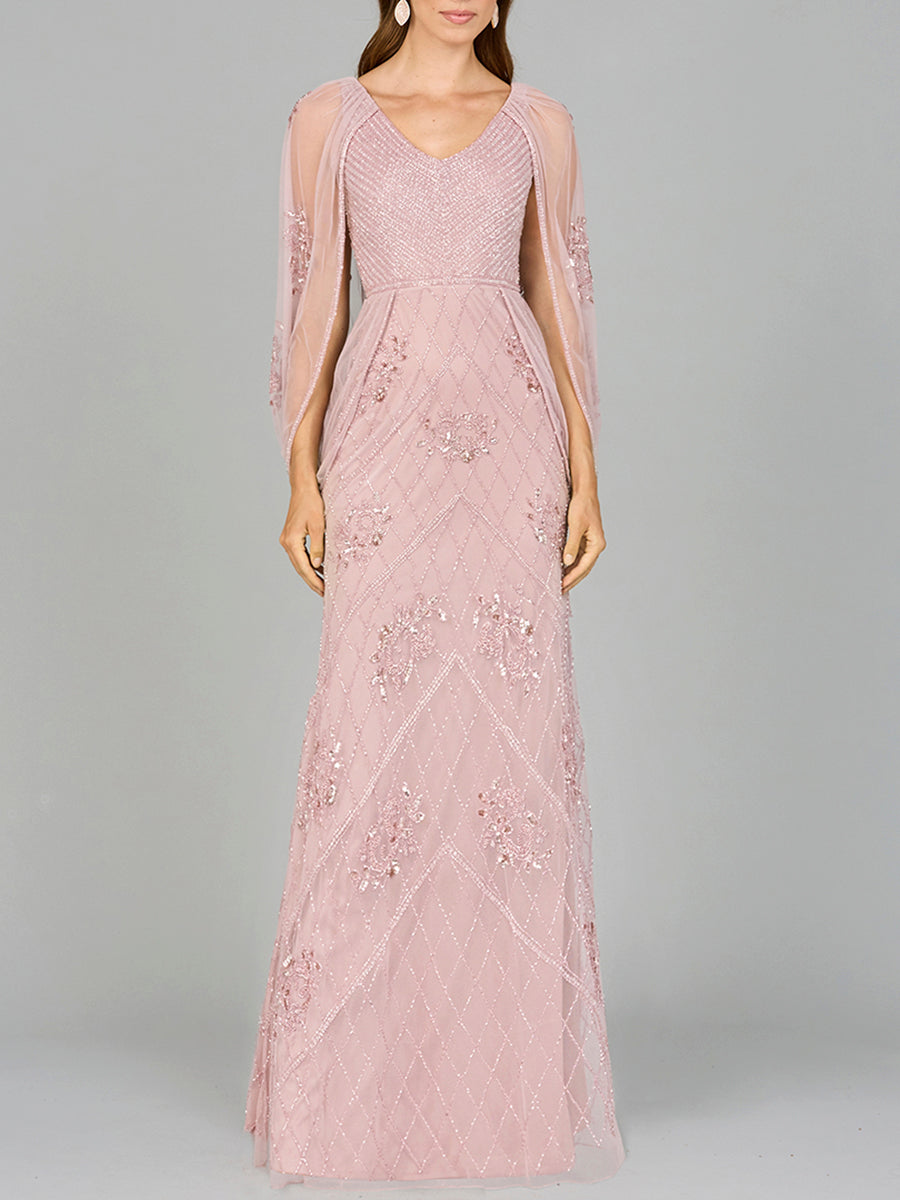 Elegant full-length beaded tulle evening gown with dramatic sheer cape sleeves in formal style