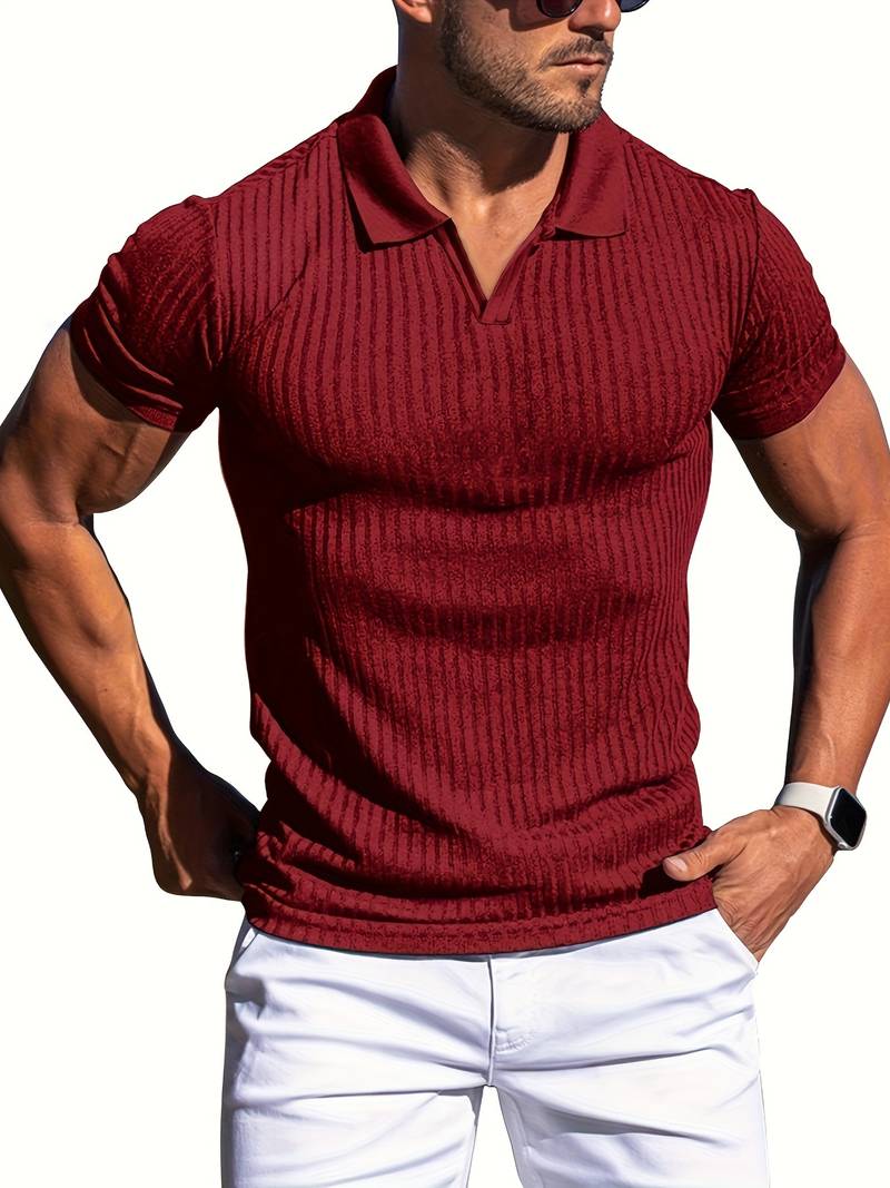 Men's slim fit ribbed knit polo shirt short sleeve cotton-blend textured finish modern silhouette