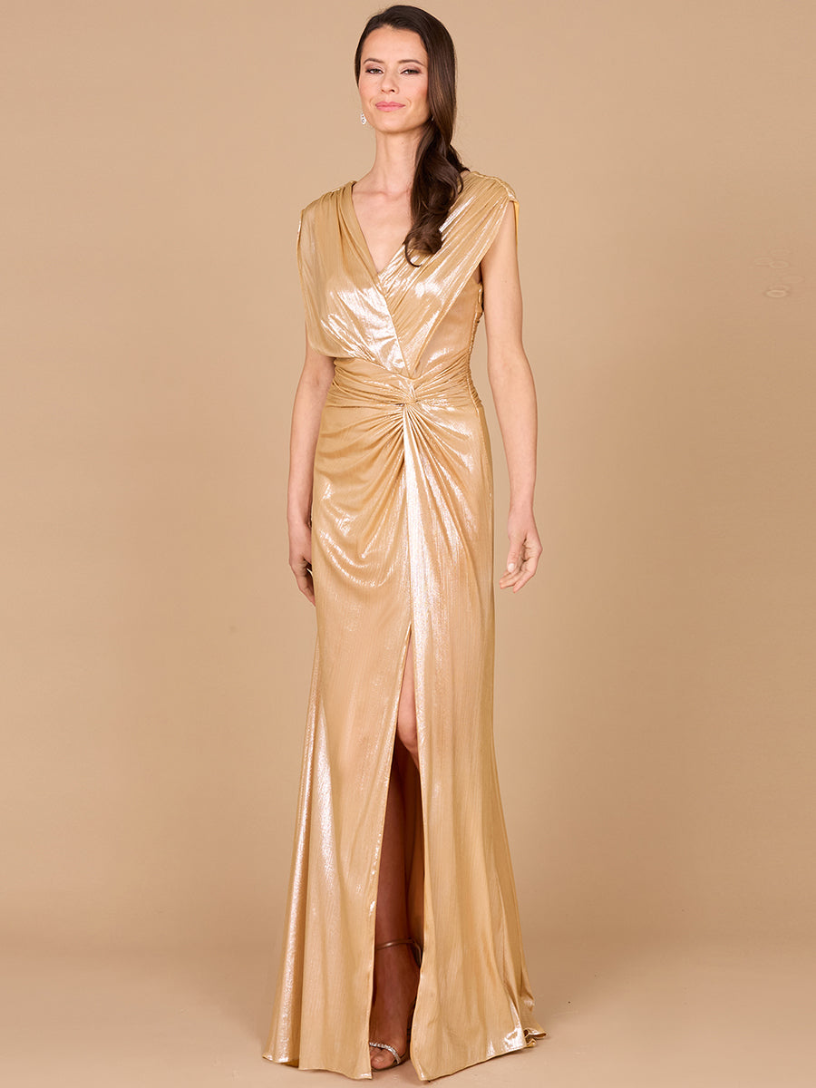 Fitted metallic evening gown with V-neck, open back zipper, and high slit in sleek jersey fabric