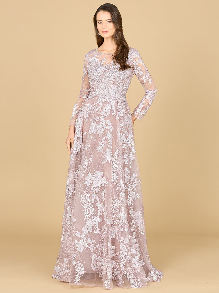 Lara 29148 mother of the bride lace beaded long sleeve A-line gown with illusion back
