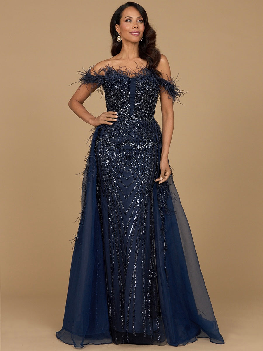 Off-shoulder long evening gown in beaded lace with rhinestones and dramatic overskirt for formal events