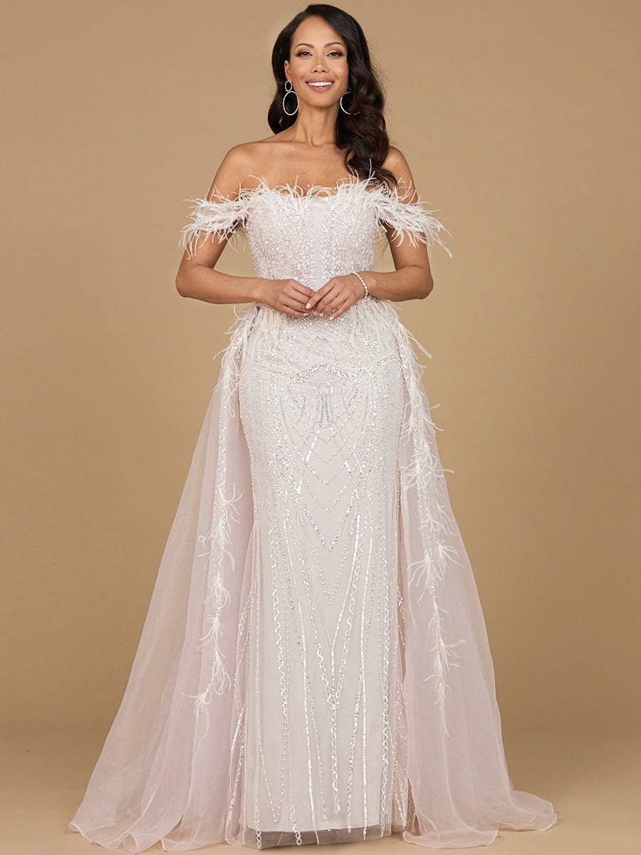 Long off-shoulder beaded lace evening gown with dramatic overskirt and rhinestone embellishments