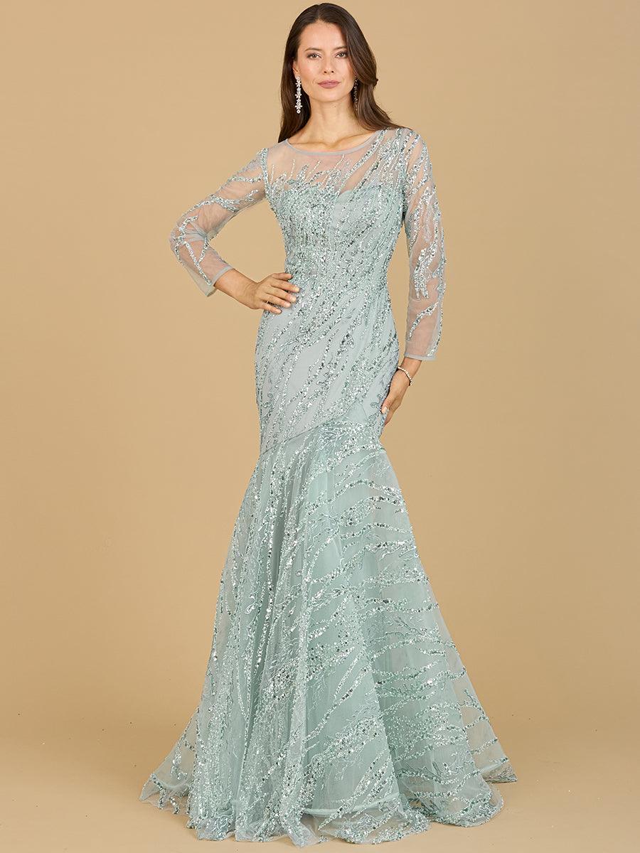 Long sleeve mermaid evening gown with beaded illusion jewel neckline and fishtail skirt