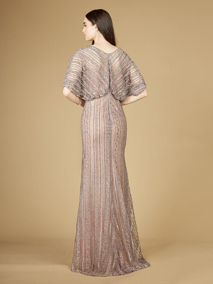 Dusty purple lace evening gown with cape sleeves and V-neckline, beaded formal dress