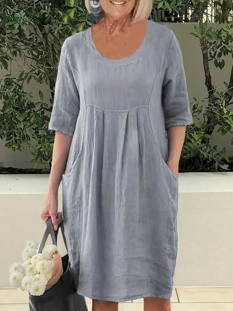 Women's Sophia casual solid dress with half sleeves and pockets, comfortable everyday relaxed fit