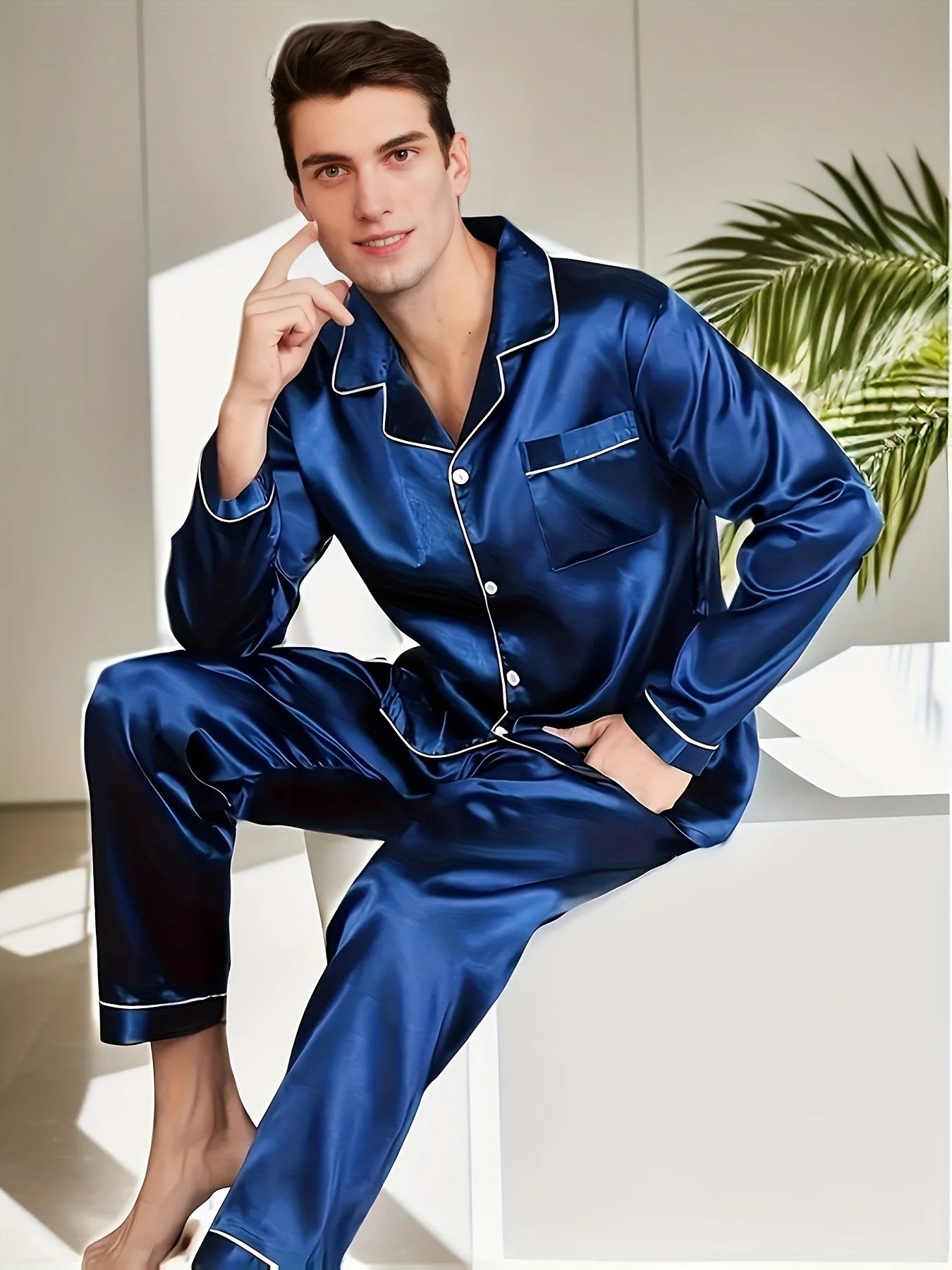 Men's silk satin pajama set in luxurious finish, relaxed fit with button-up top for cozy nights