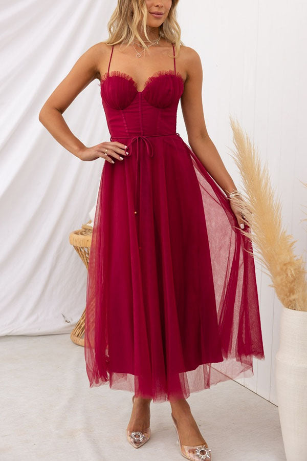 Blush tulle midi dress A-line silhouette with layered overlay, romantic style for spring weddings