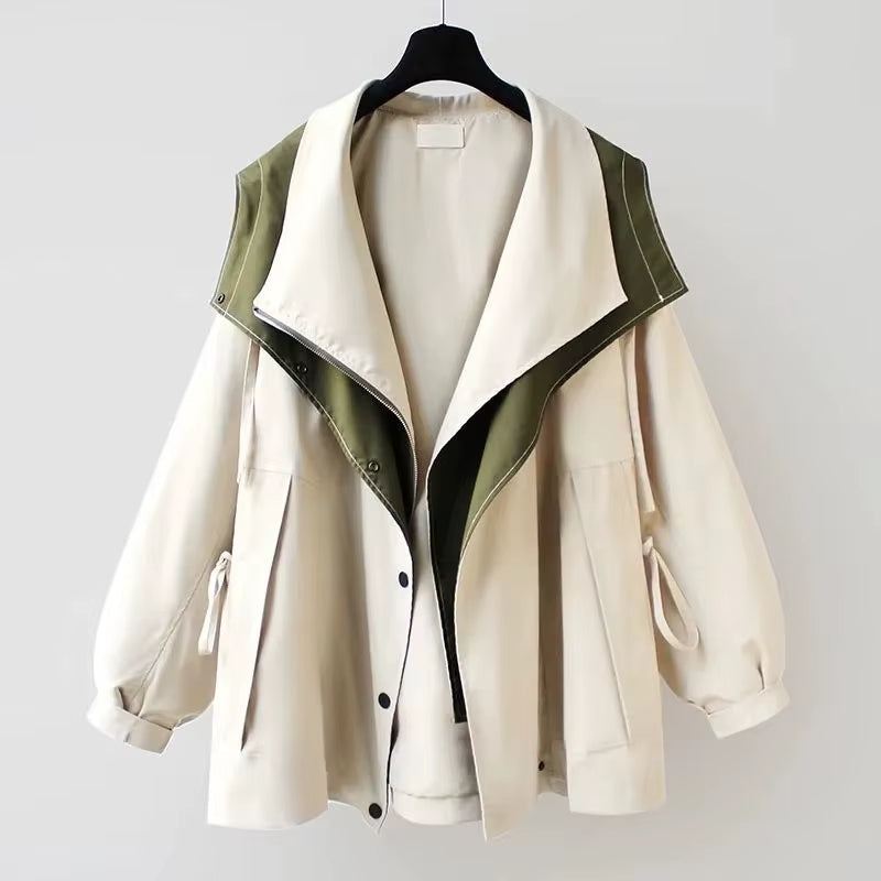 Women's two-tone wrap windbreaker with oversized draped collar and adjustable cinched waist