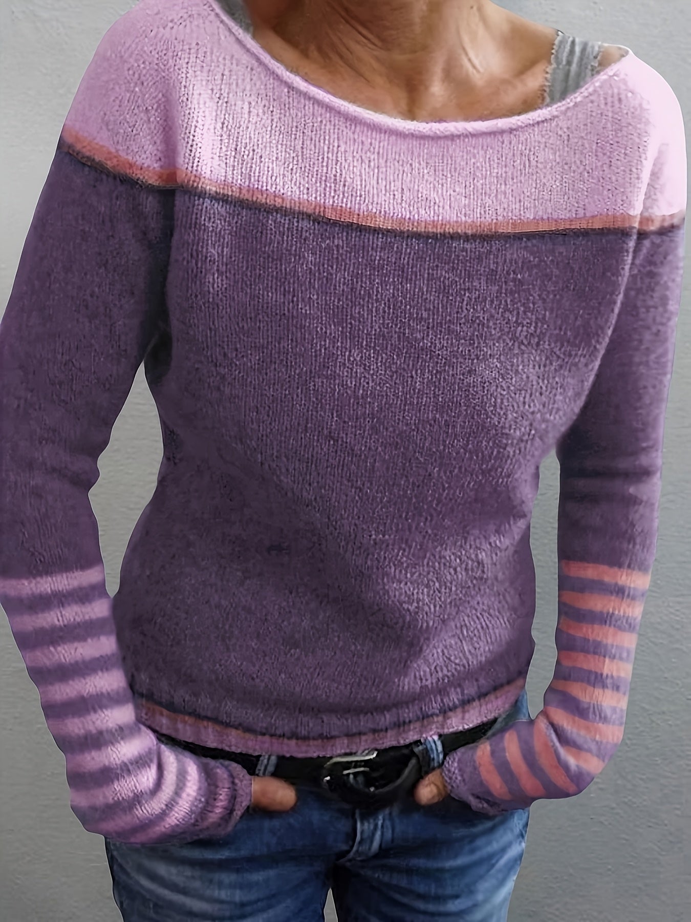 Women's lightweight striped knit sweater in soft hues, relaxed fit with flattering neckline for easy layering