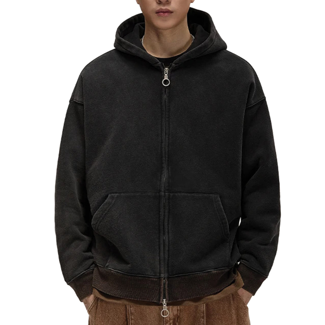 Oversized pigment-washed cotton hoodie in faded tones with double zipper streetwear style