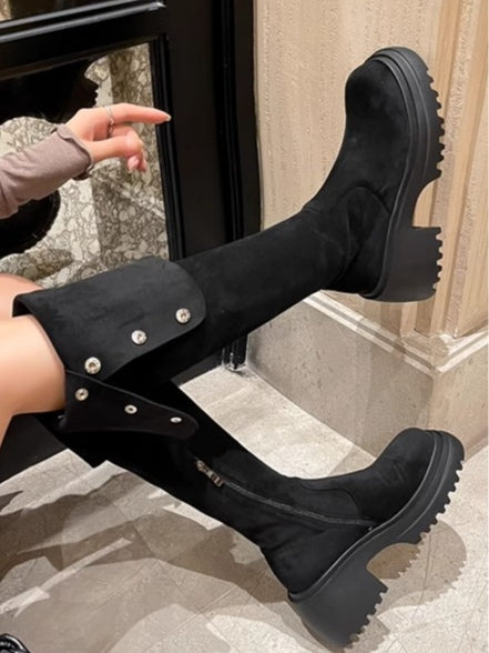 Brown suede over-the-knee boots block heel retro biker style slip-on winter women
