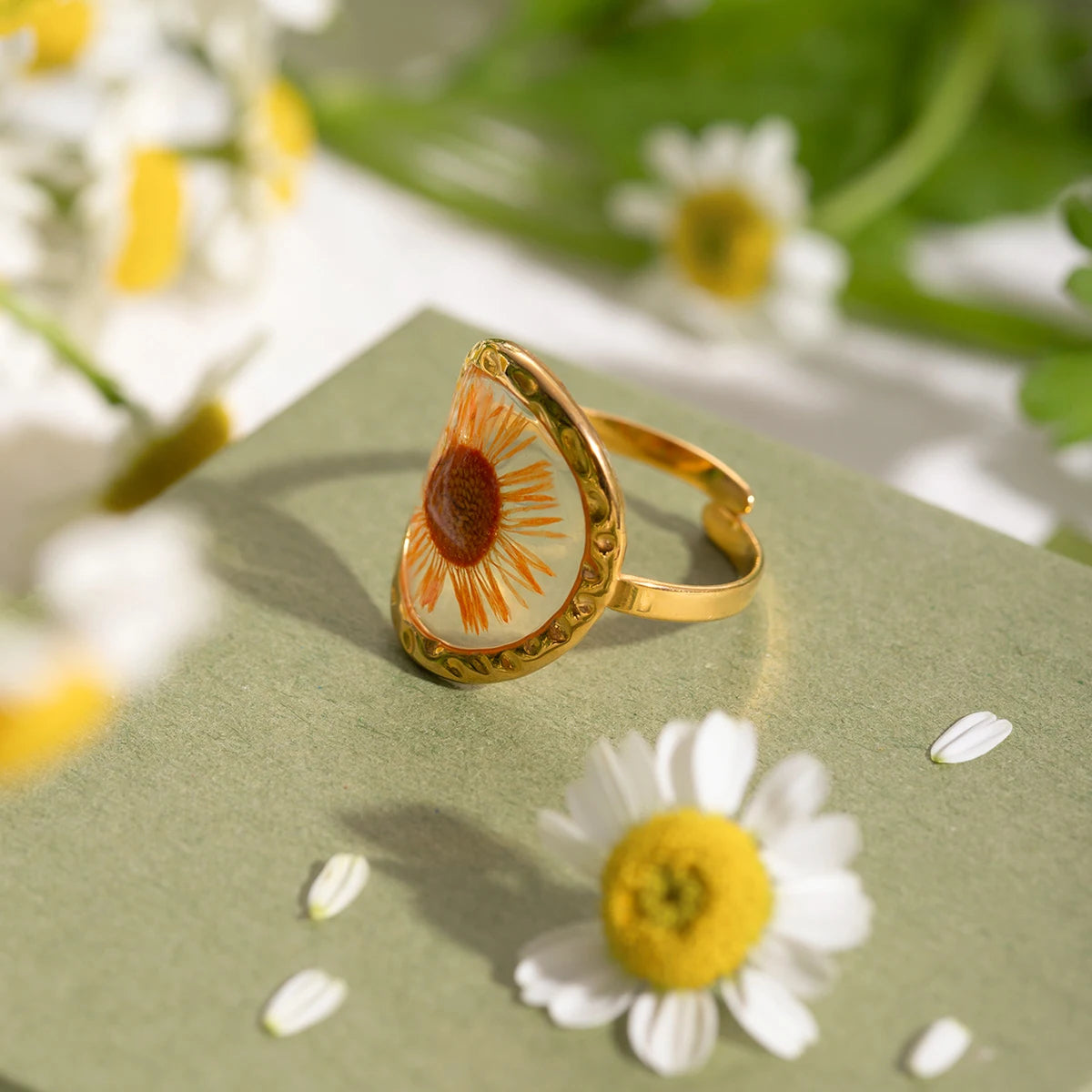 Handcrafted pressed flower resin ring gold-tone bezel adjustable band real botanicals nature-inspired
