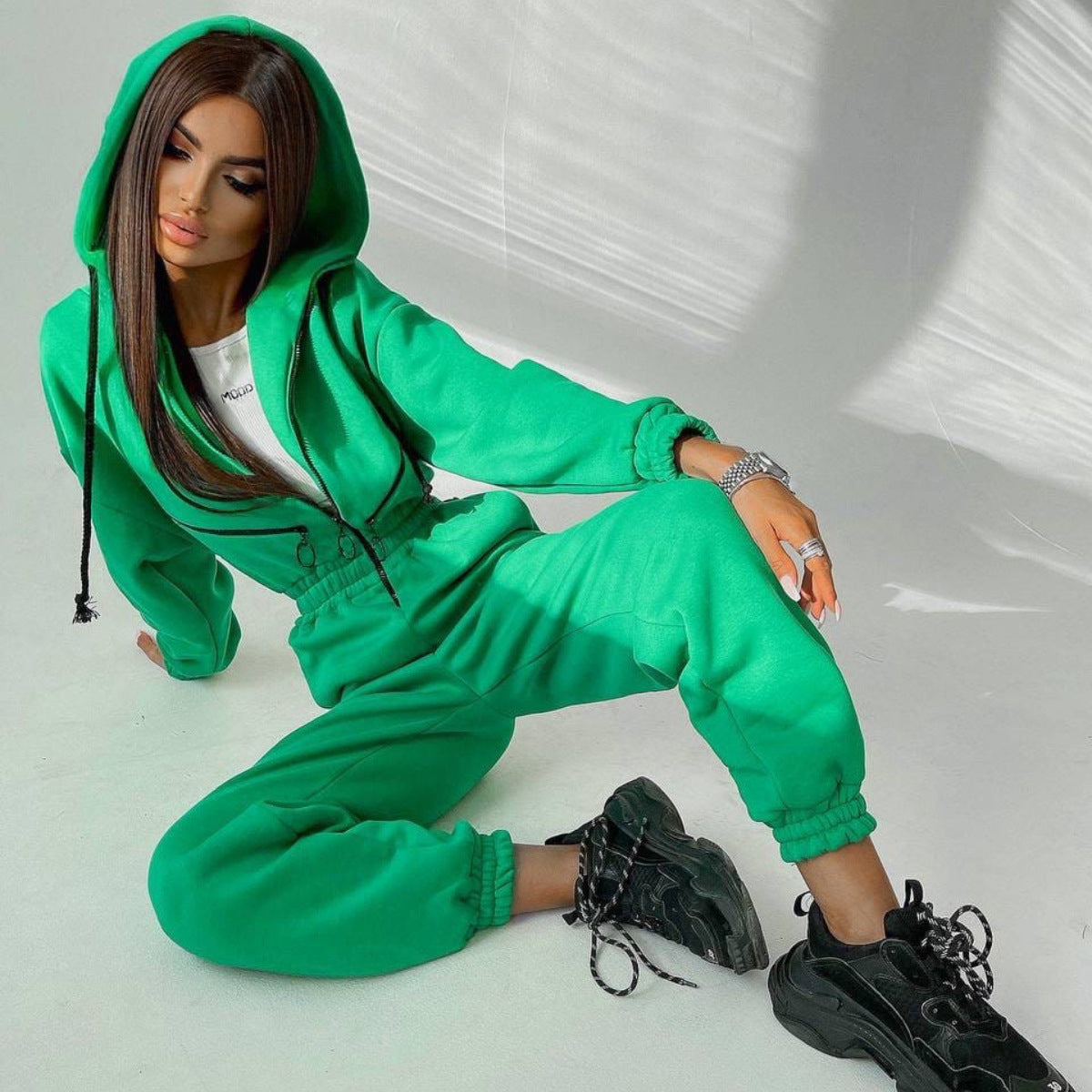 Heavyweight fleece zip-up jumpsuit with cinched waist, adjustable hood, relaxed fit cold weather one-piece