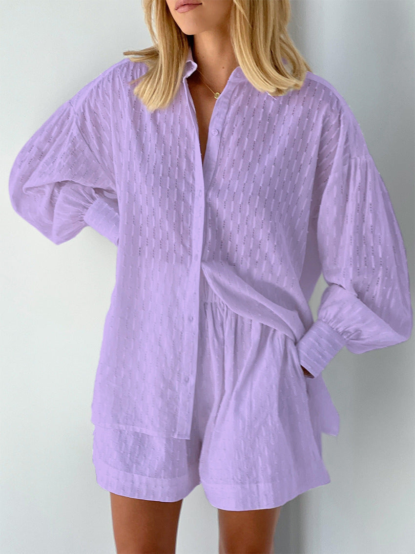 Women's ivory cotton two-piece summer set, slightly oversized casual travel outfit with breathable lightweight fabric
