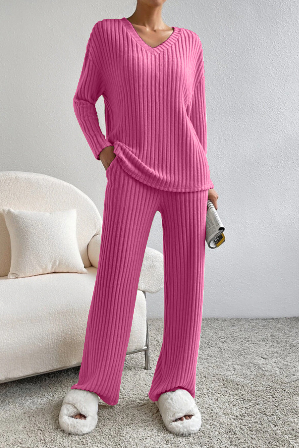 Women's ribbed V-neck lounge set two-piece matching top and pants in cozy textured knit